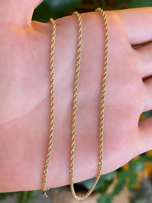 Vintage Solid 14k Yellow Gold Slim Rope Chain Necklace - 18 inches