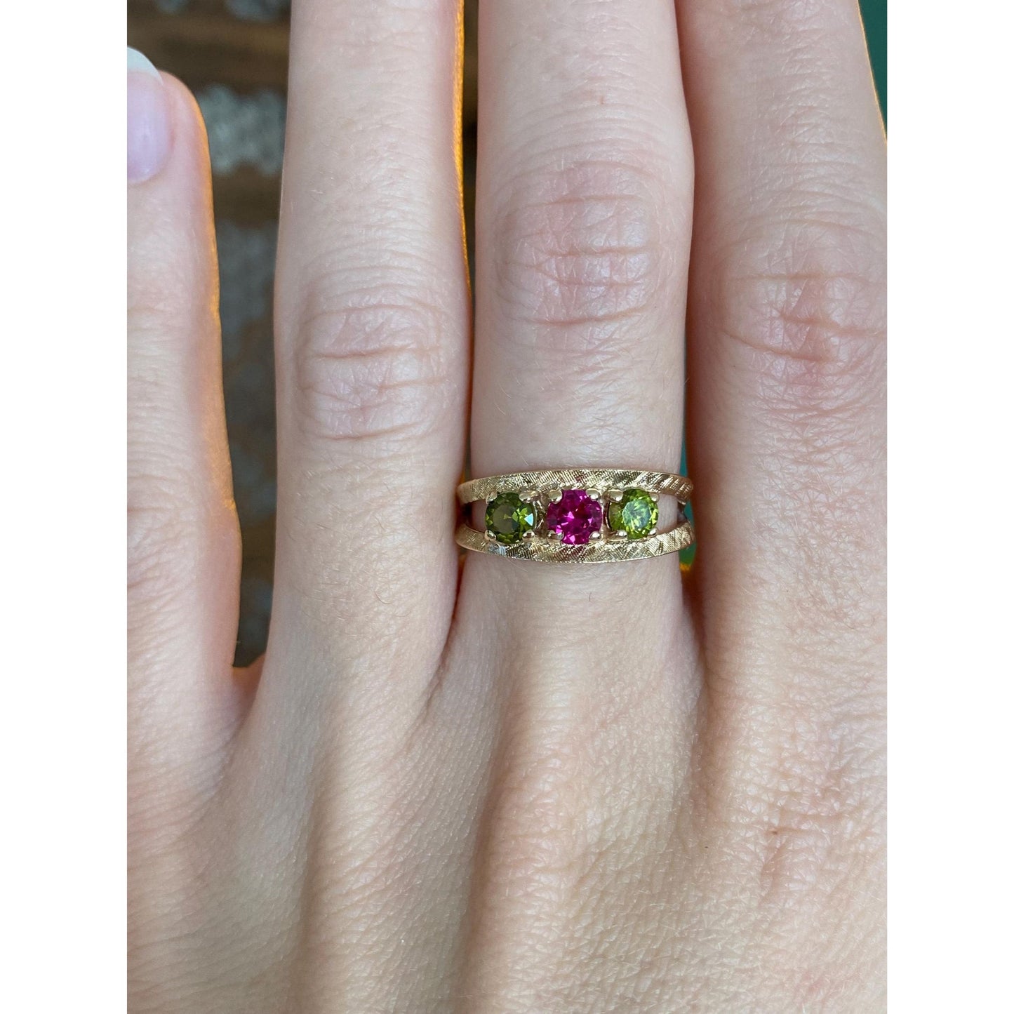 Solid 14k Yellow Gold Pink Sapphire Peridot Ring - Size 6.25