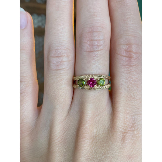 Solid 14k Yellow Gold Pink Sapphire Peridot Ring - Size 6.25