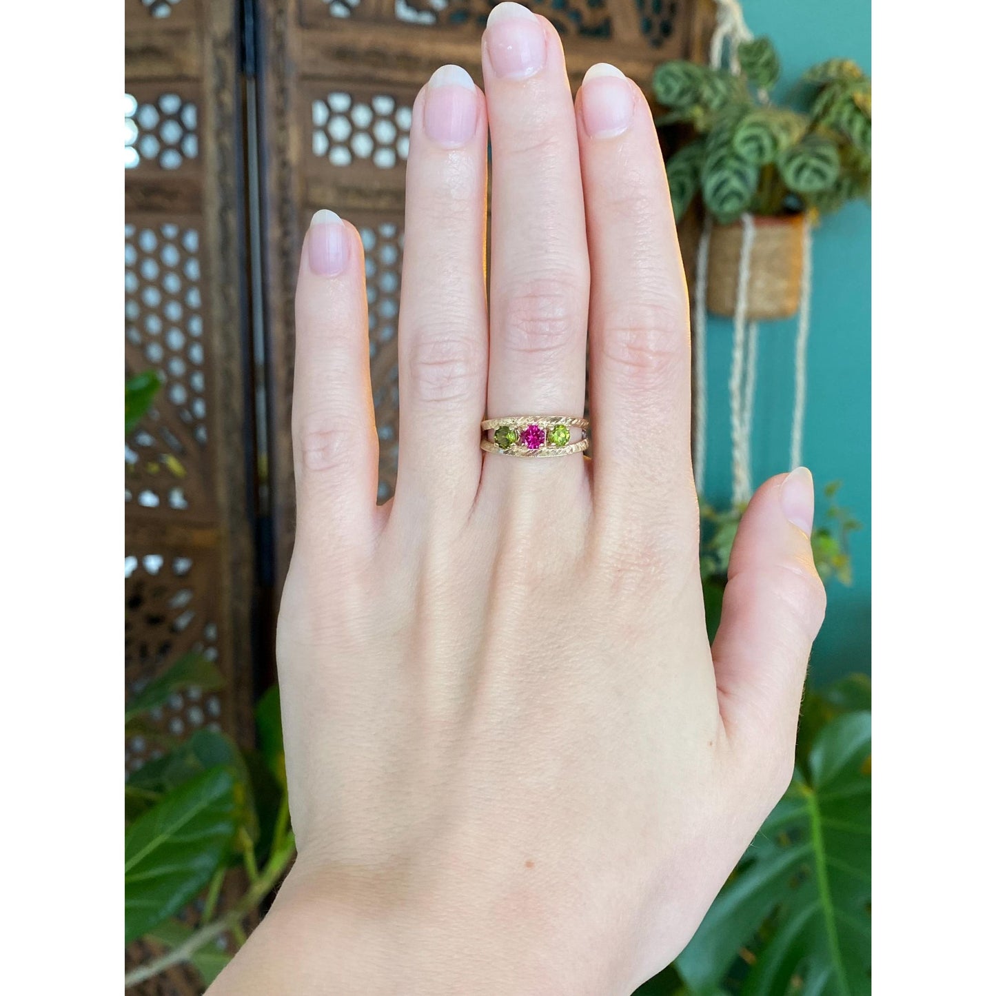 Solid 14k Yellow Gold Pink Sapphire Peridot Ring - Size 6.25