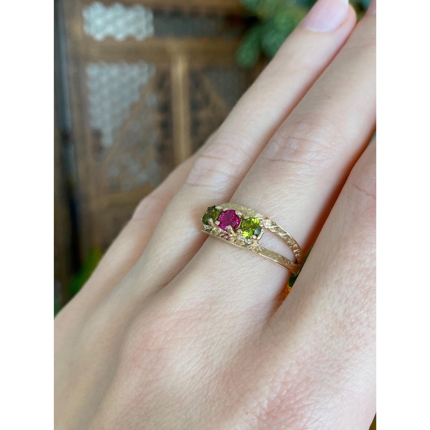 Solid 14k Yellow Gold Pink Sapphire Peridot Ring - Size 6.25