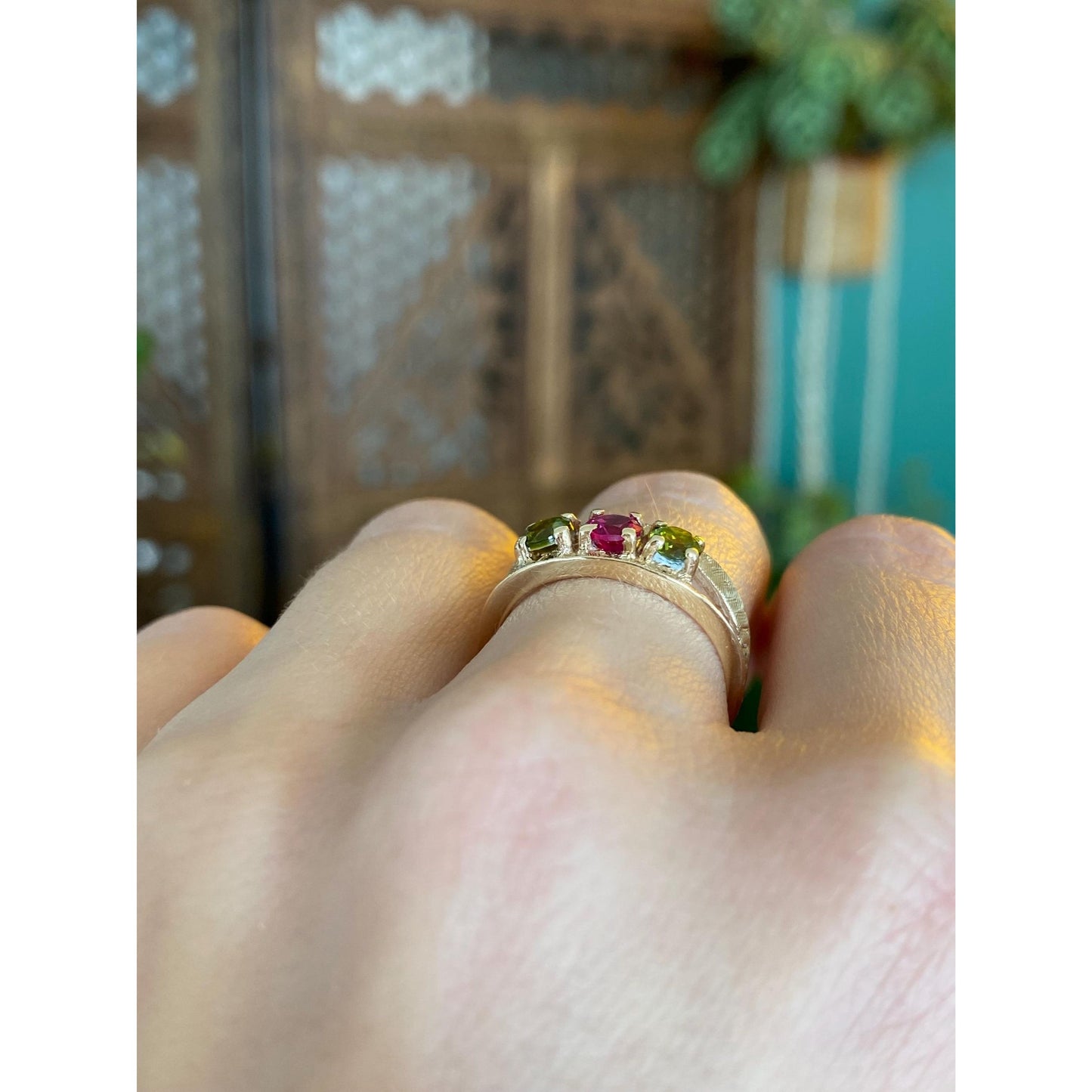 Solid 14k Yellow Gold Pink Sapphire Peridot Ring - Size 6.25