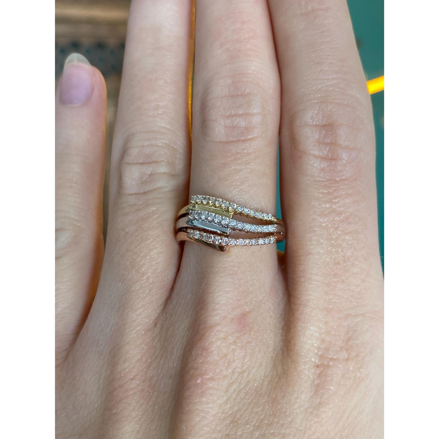 Vintage Solid 14k Tri Tone Gold Diamond Twist Ring - Size 7