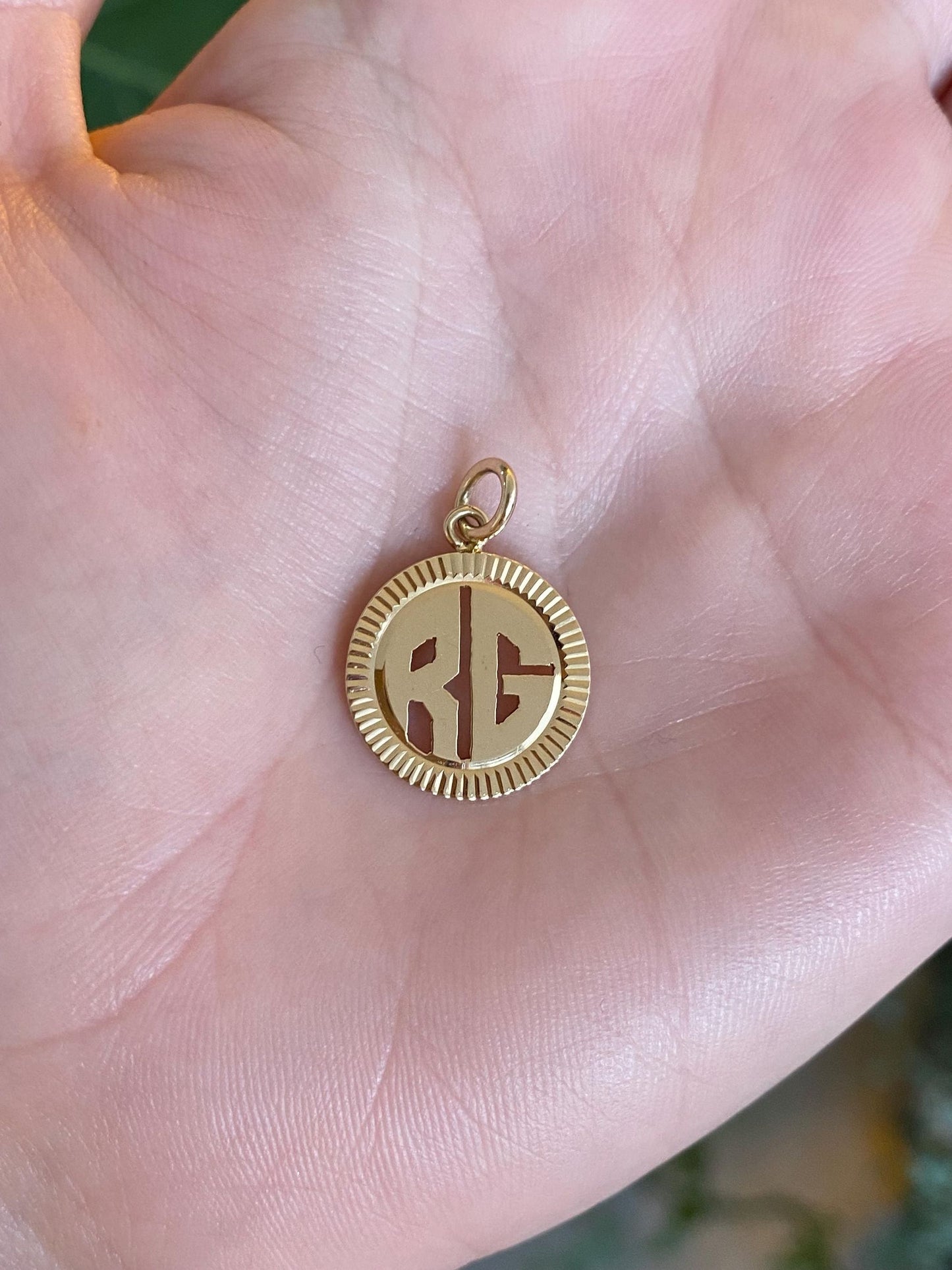 Vintage Solid 14k Yellow Gold Engine Turned RG Charm