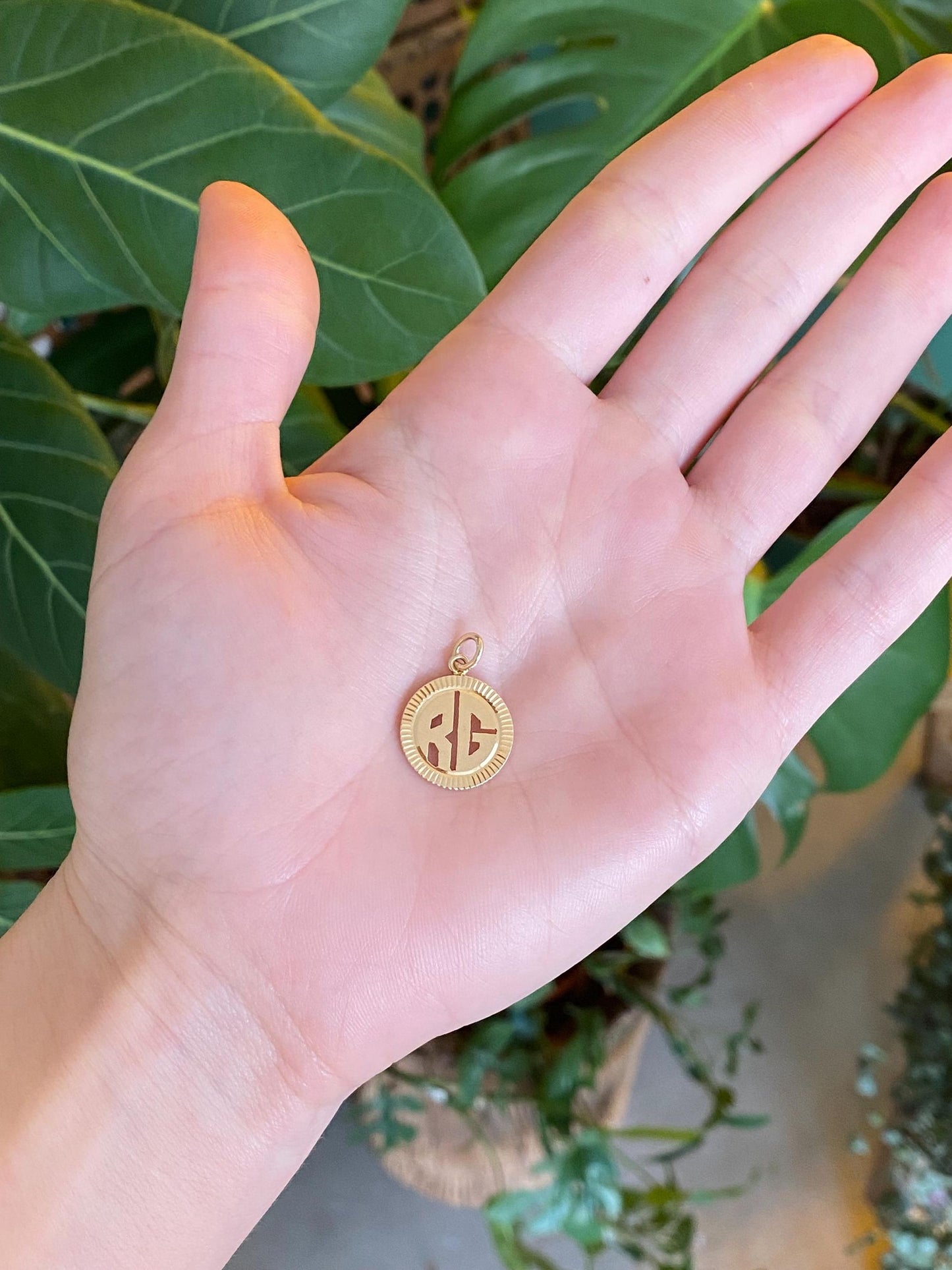 Vintage Solid 14k Yellow Gold Engine Turned RG Charm