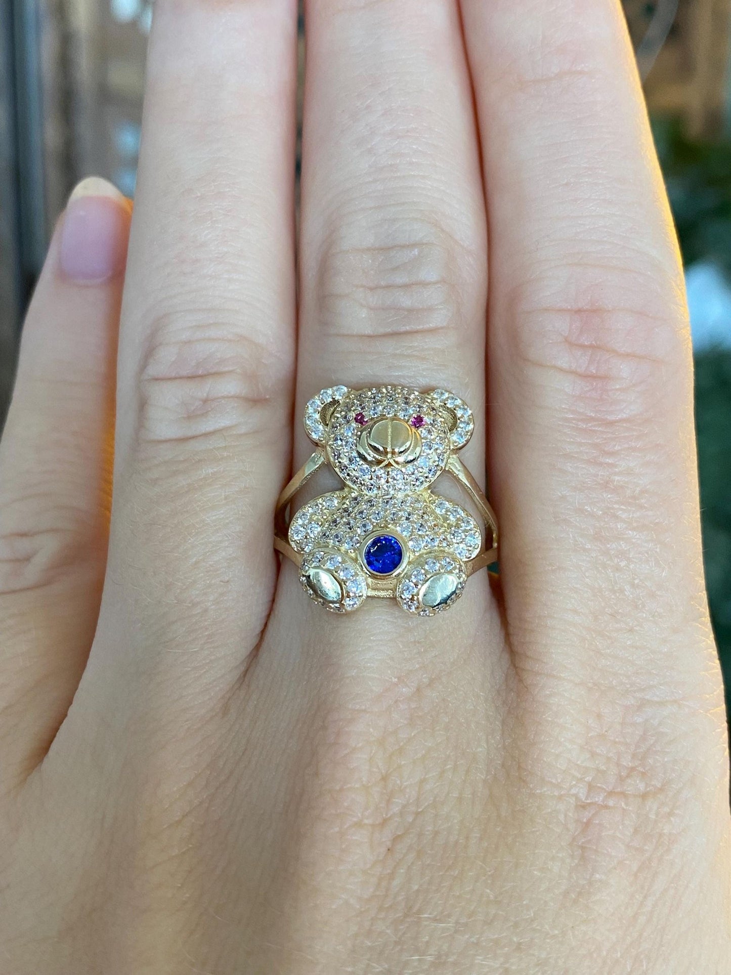 Solid 14k Yellow Gold Pink Sapphire Blue Spinel Clear Cubic Zirconia Teddy Bear Ring - Size 8.25