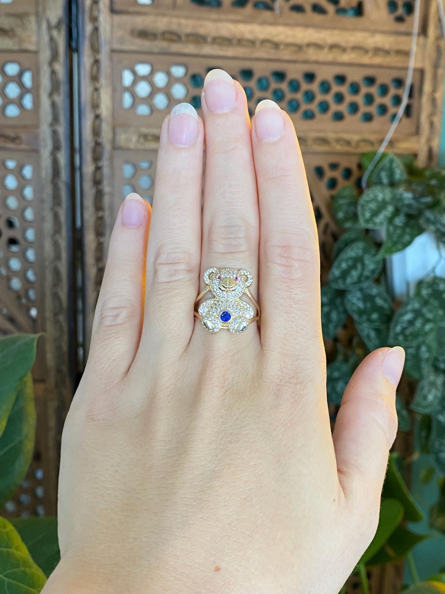 Solid 14k Yellow Gold Pink Sapphire Blue Spinel Clear Cubic Zirconia Teddy Bear Ring - Size 8.25