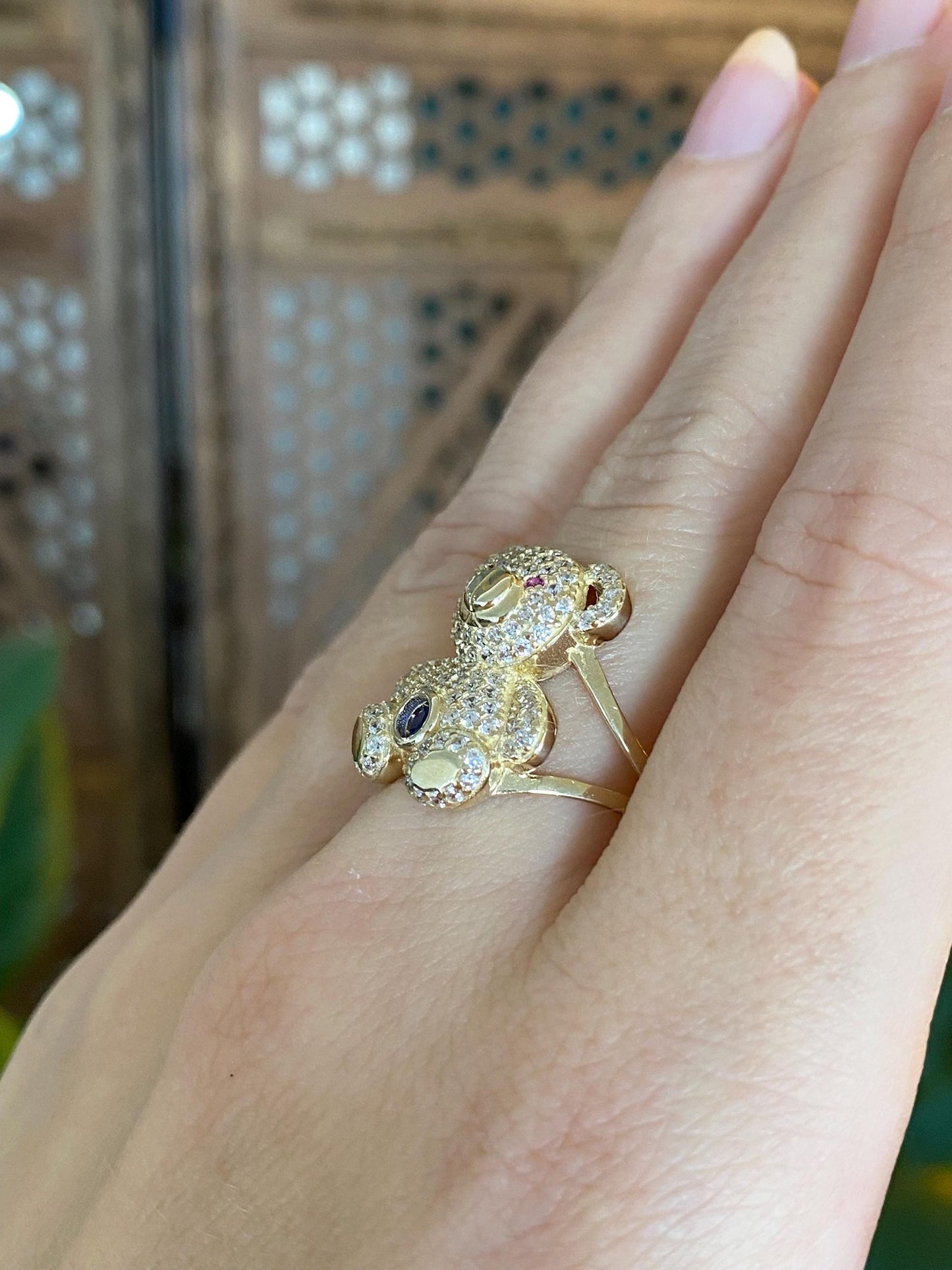 Solid 14k Yellow Gold Pink Sapphire Blue Spinel Clear Cubic Zirconia Teddy Bear Ring - Size 8.25