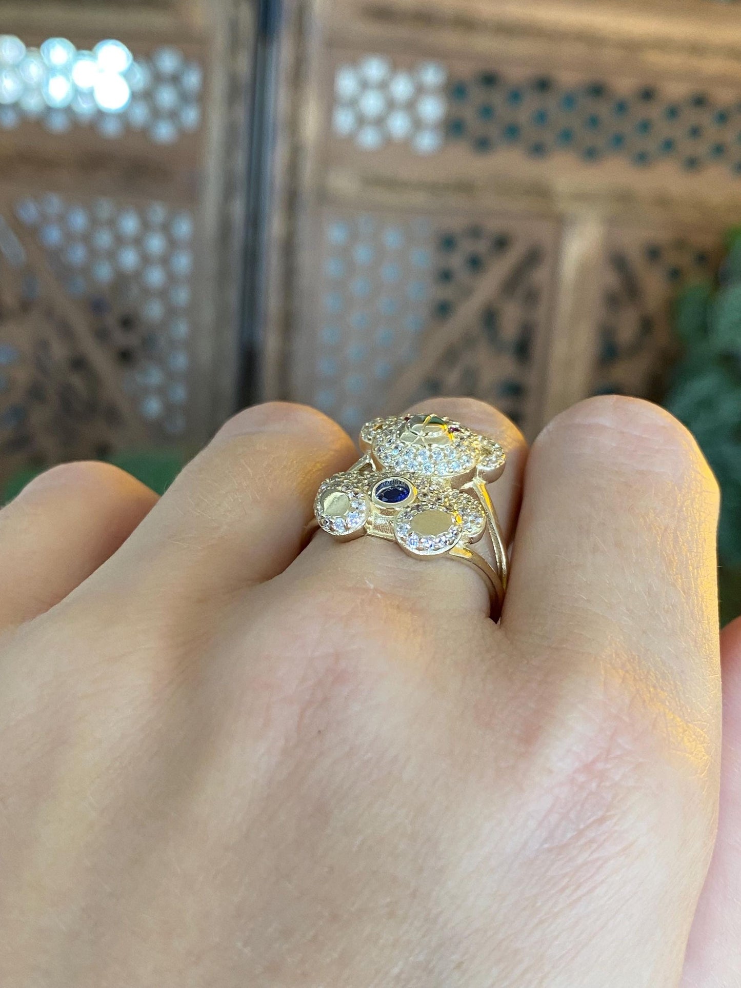 Solid 14k Yellow Gold Pink Sapphire Blue Spinel Clear Cubic Zirconia Teddy Bear Ring - Size 8.25