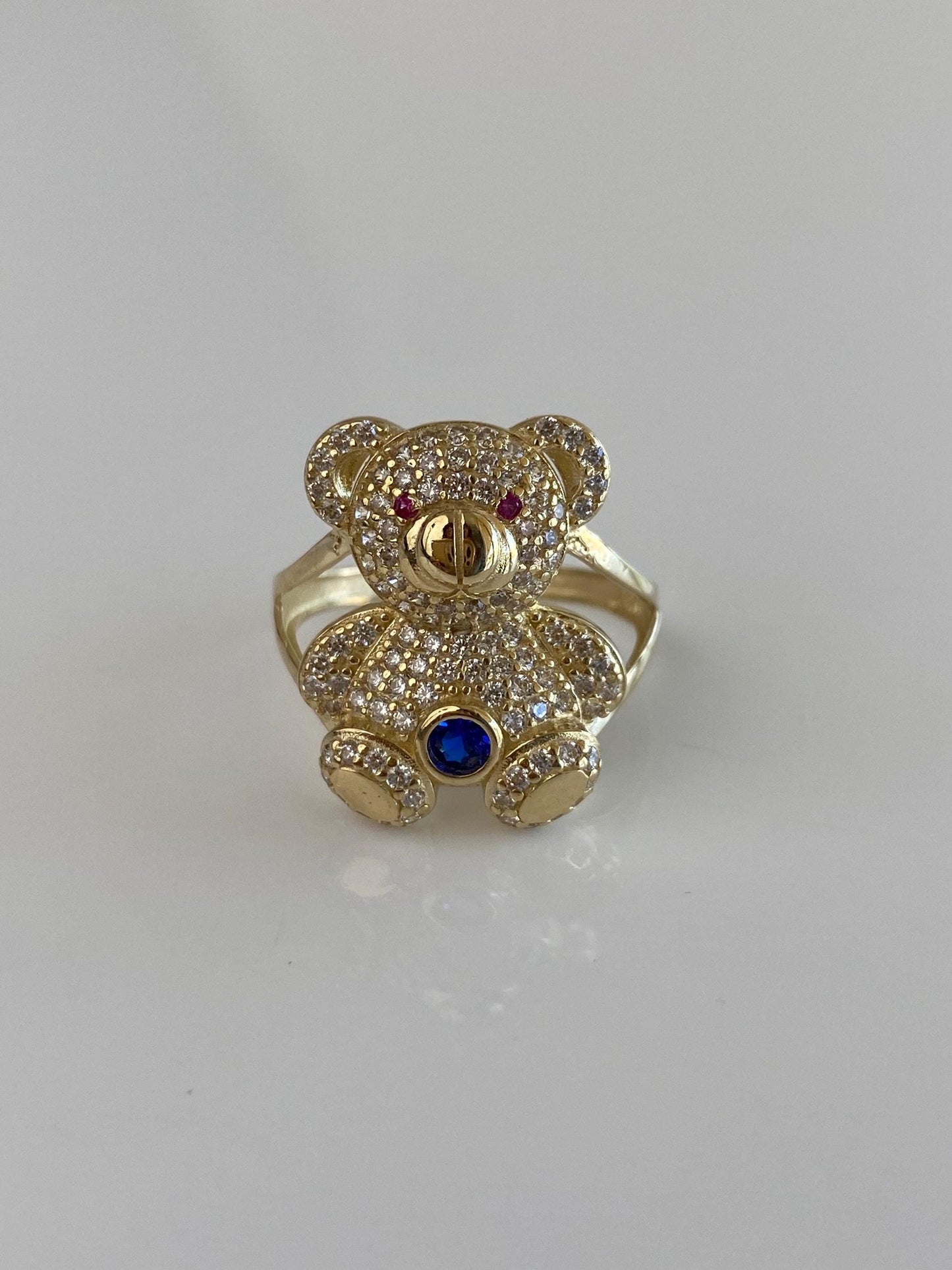 Solid 14k Yellow Gold Pink Sapphire Blue Spinel Clear Cubic Zirconia Teddy Bear Ring - Size 8.25