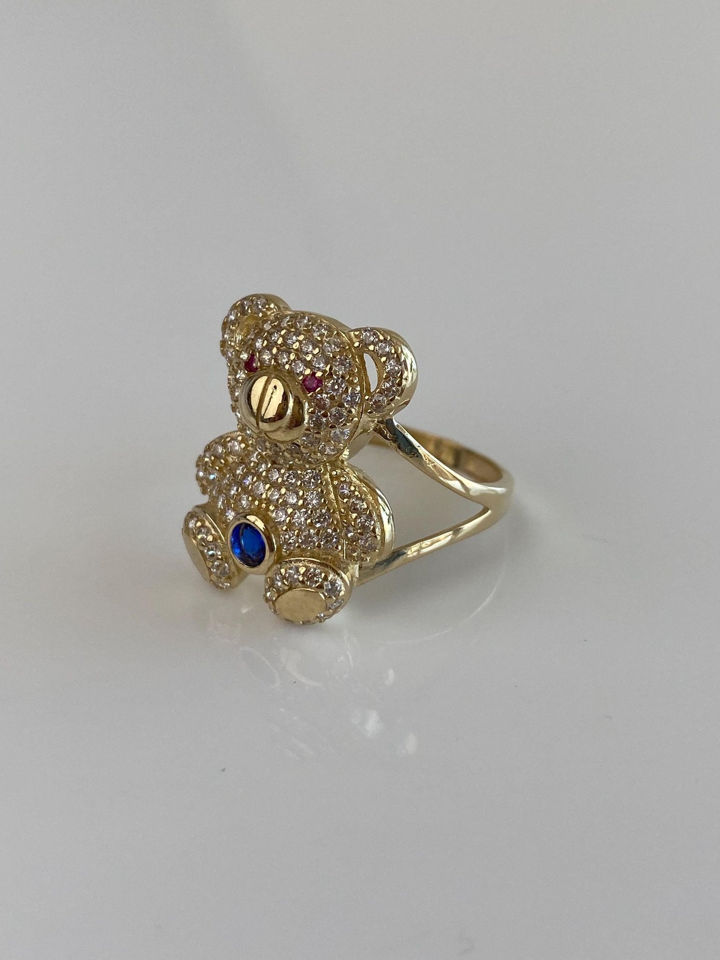 Solid 14k Yellow Gold Pink Sapphire Blue Spinel Clear Cubic Zirconia Teddy Bear Ring - Size 8.25