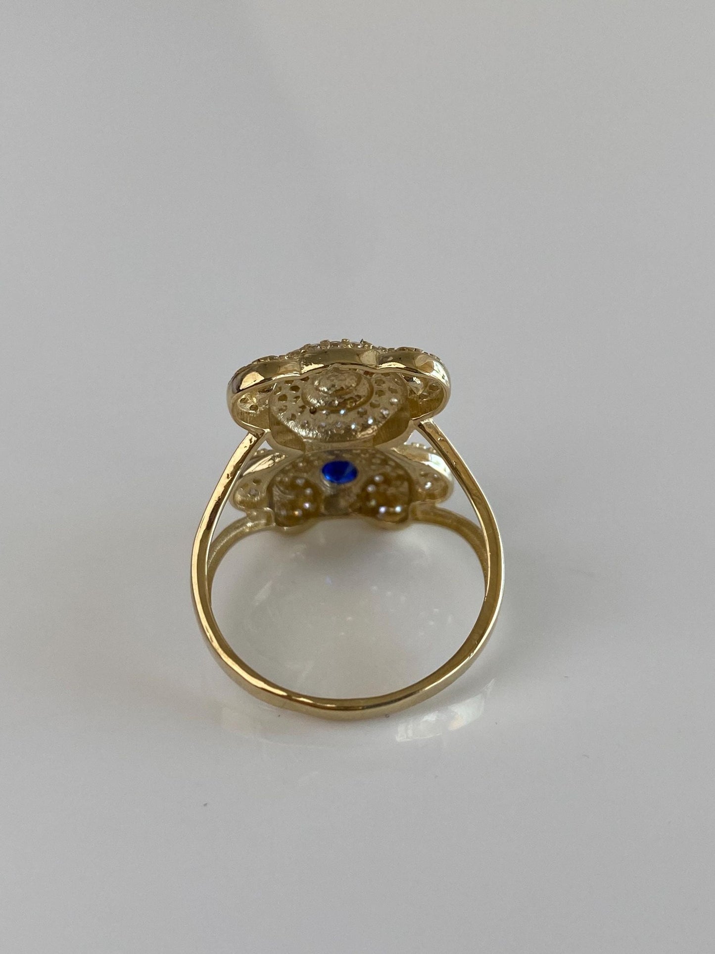 Solid 14k Yellow Gold Pink Sapphire Blue Spinel Clear Cubic Zirconia Teddy Bear Ring - Size 8.25