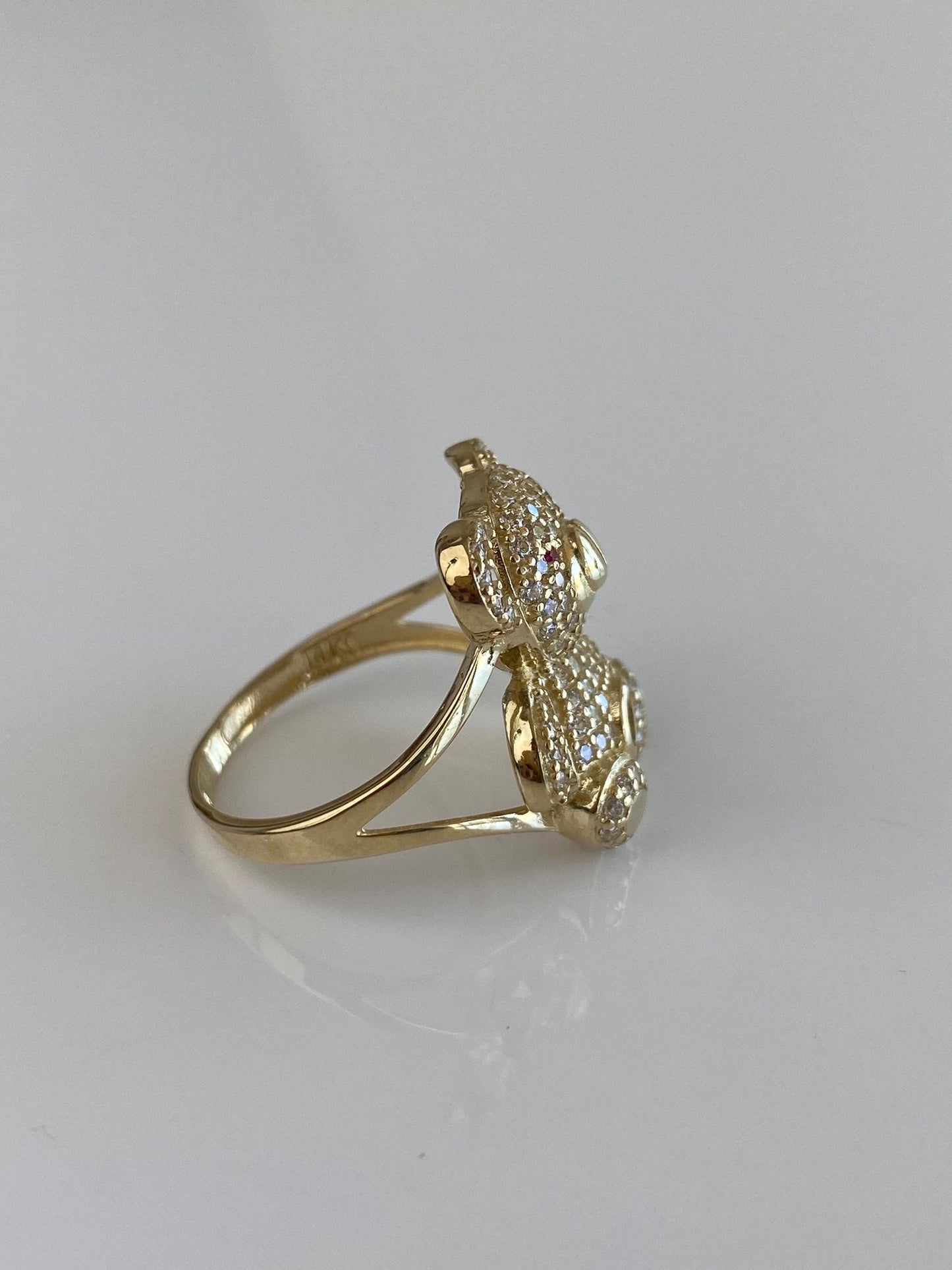 Solid 14k Yellow Gold Pink Sapphire Blue Spinel Clear Cubic Zirconia Teddy Bear Ring - Size 8.25