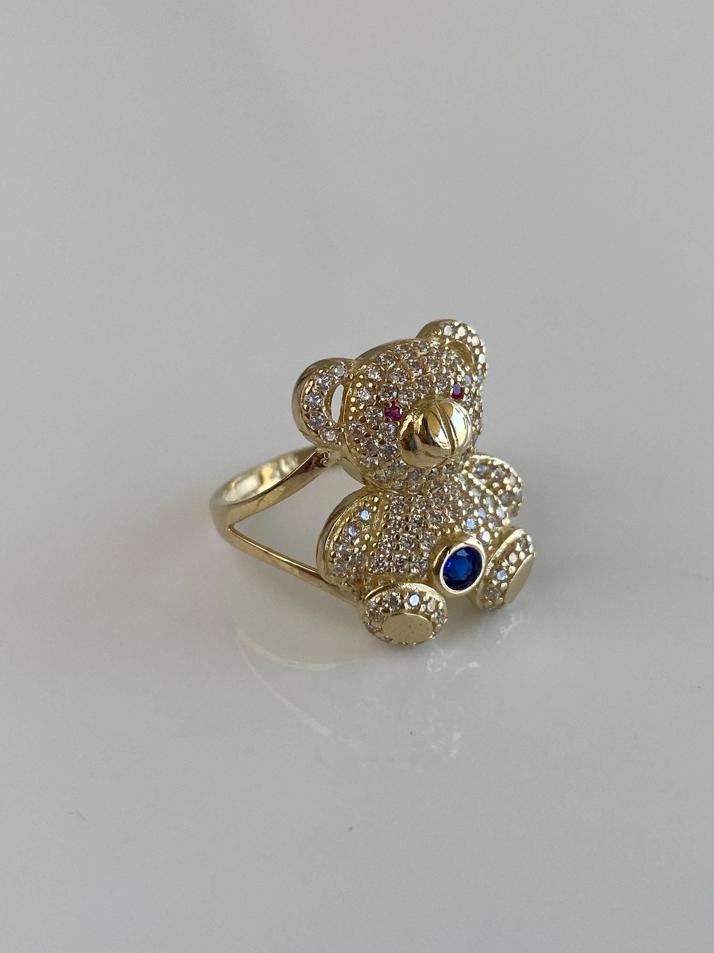 Solid 14k Yellow Gold Pink Sapphire Blue Spinel Clear Cubic Zirconia Teddy Bear Ring - Size 8.25