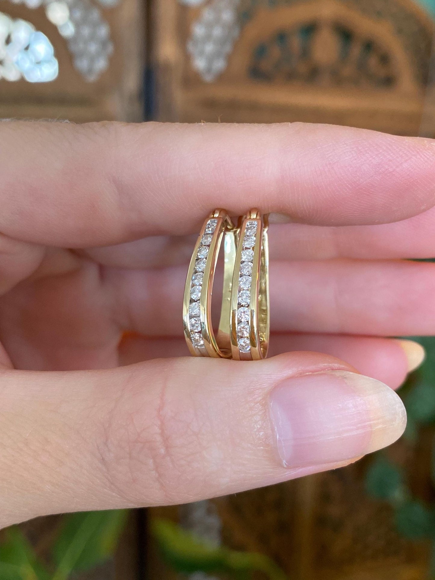 Vintage Solid 14k Yellow Gold Diamond Oval Hoop Earrings