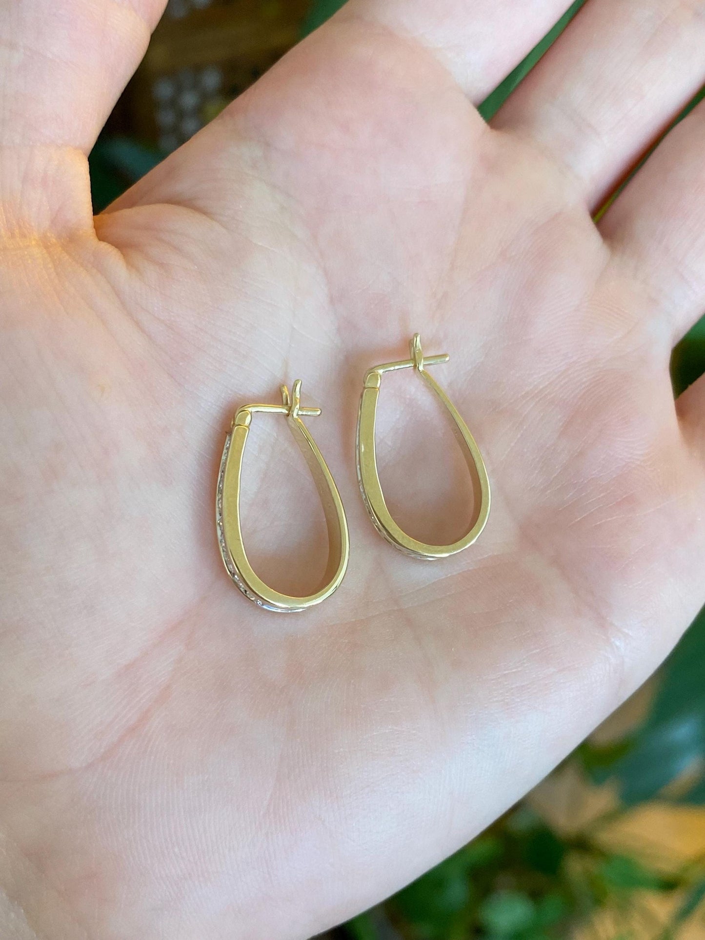 Vintage Solid 14k Yellow Gold Diamond Oval Hoop Earrings