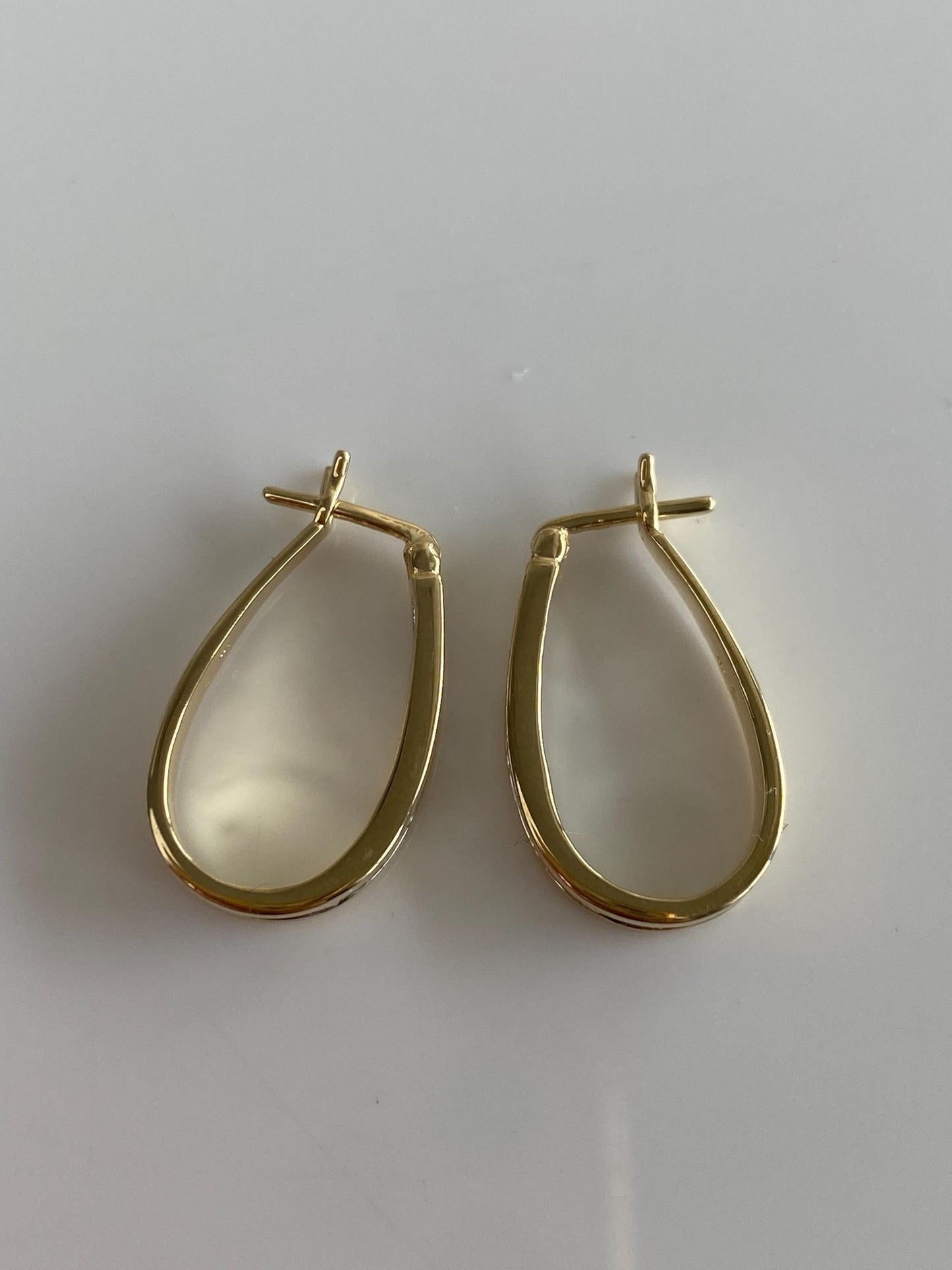 Vintage Solid 14k Yellow Gold Diamond Oval Hoop Earrings