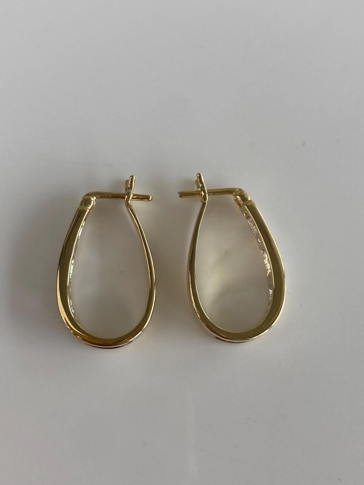 Vintage Solid 14k Yellow Gold Diamond Oval Hoop Earrings