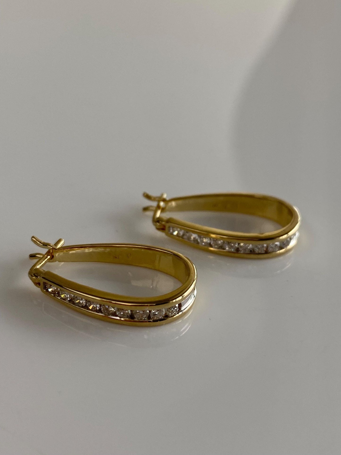 Vintage Solid 14k Yellow Gold Diamond Oval Hoop Earrings