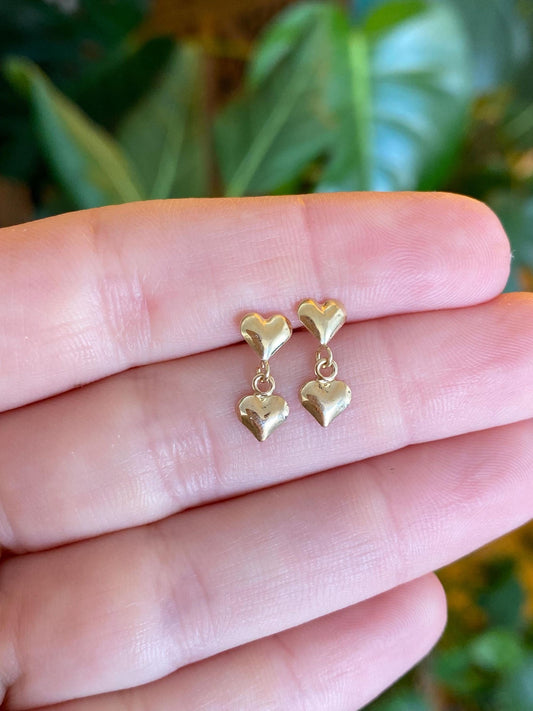 Vintage Solid 14k Yellow Gold Heart Dangle Stud Earrings