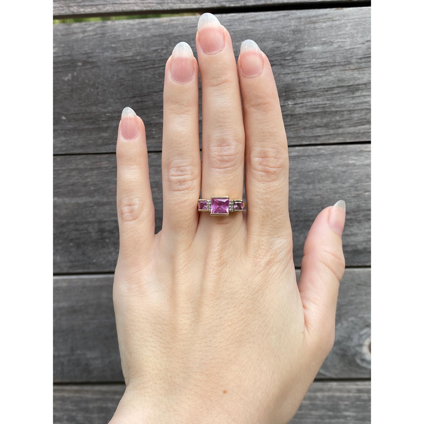 Vintage Solid 10k Yellow Gold Pink Sapphire Diamond Ring - Size 6.5