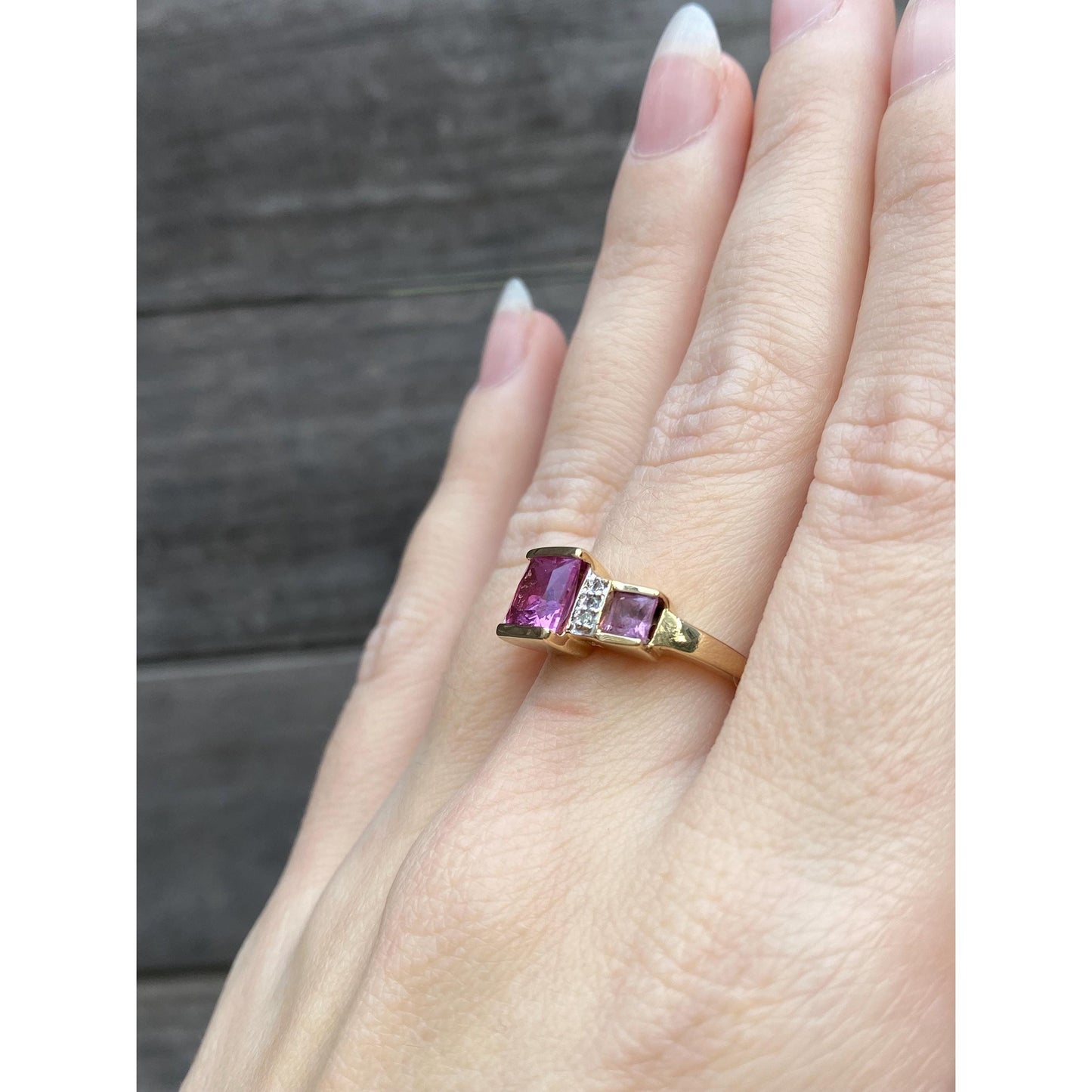 Vintage Solid 10k Yellow Gold Pink Sapphire Diamond Ring - Size 6.5