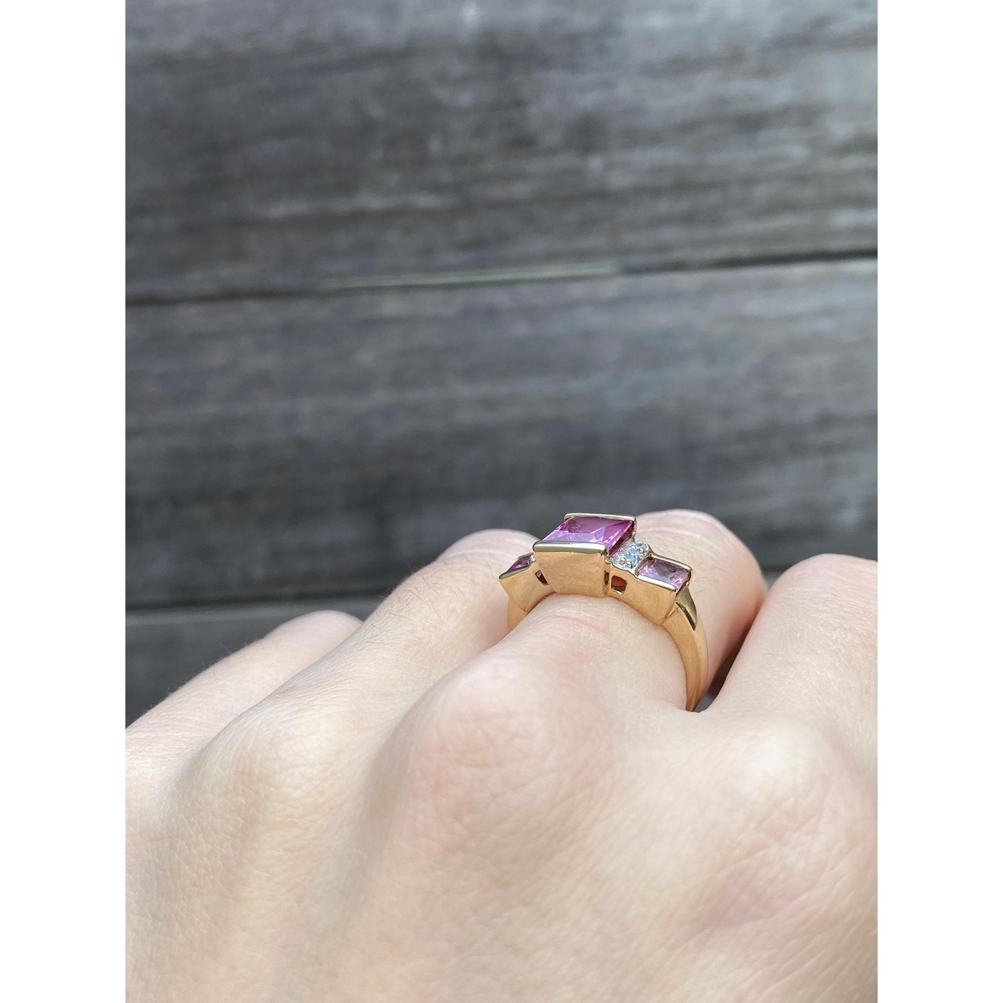 Vintage Solid 10k Yellow Gold Pink Sapphire Diamond Ring - Size 6.5