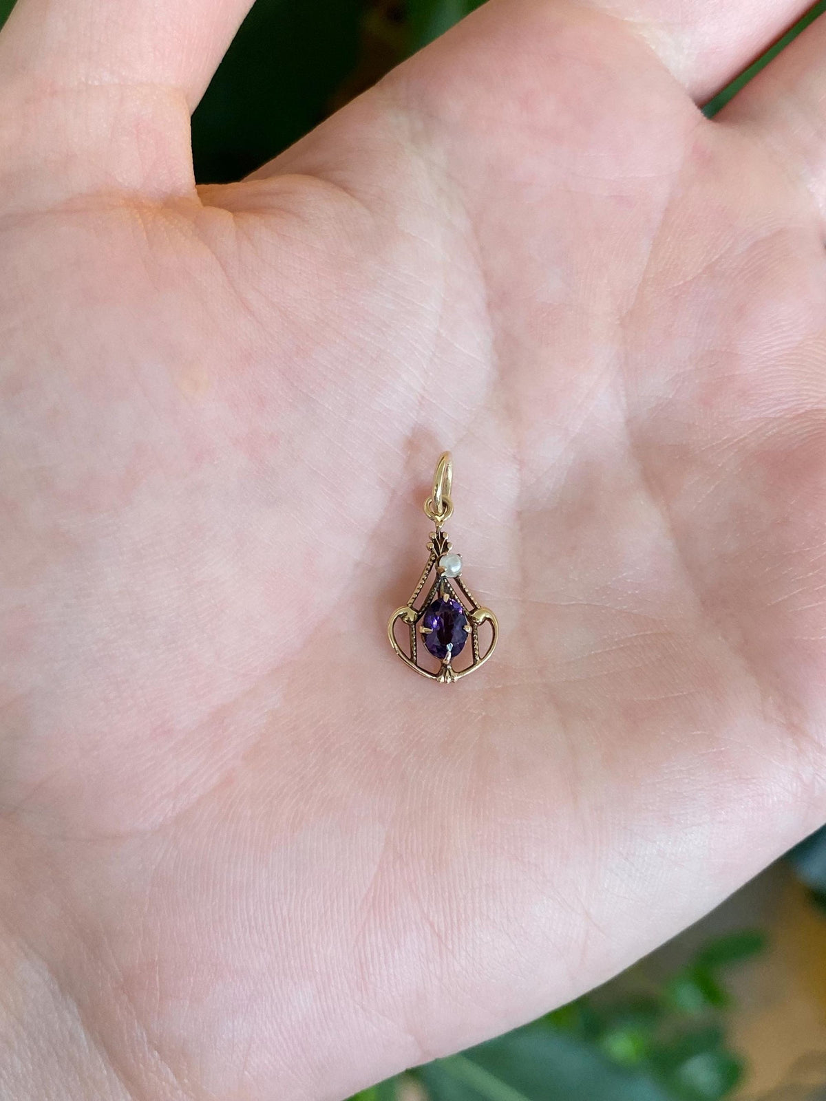 Vintage Solid 10k Yellow Gold Purple Cubic Zirconia Seed Pearl Charm