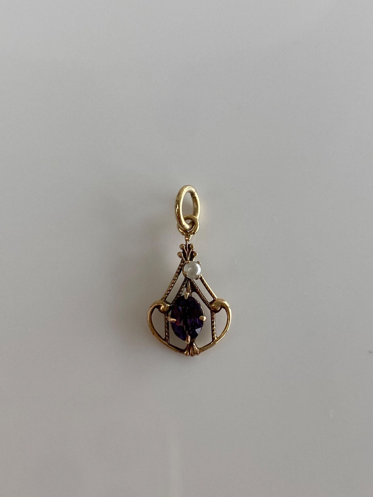 Vintage Solid 10k Yellow Gold Purple Cubic Zirconia Seed Pearl Charm