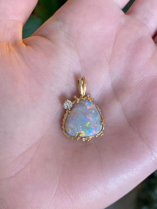 Vintage Solid 14k Yellow Gold Diamond Opal Charm