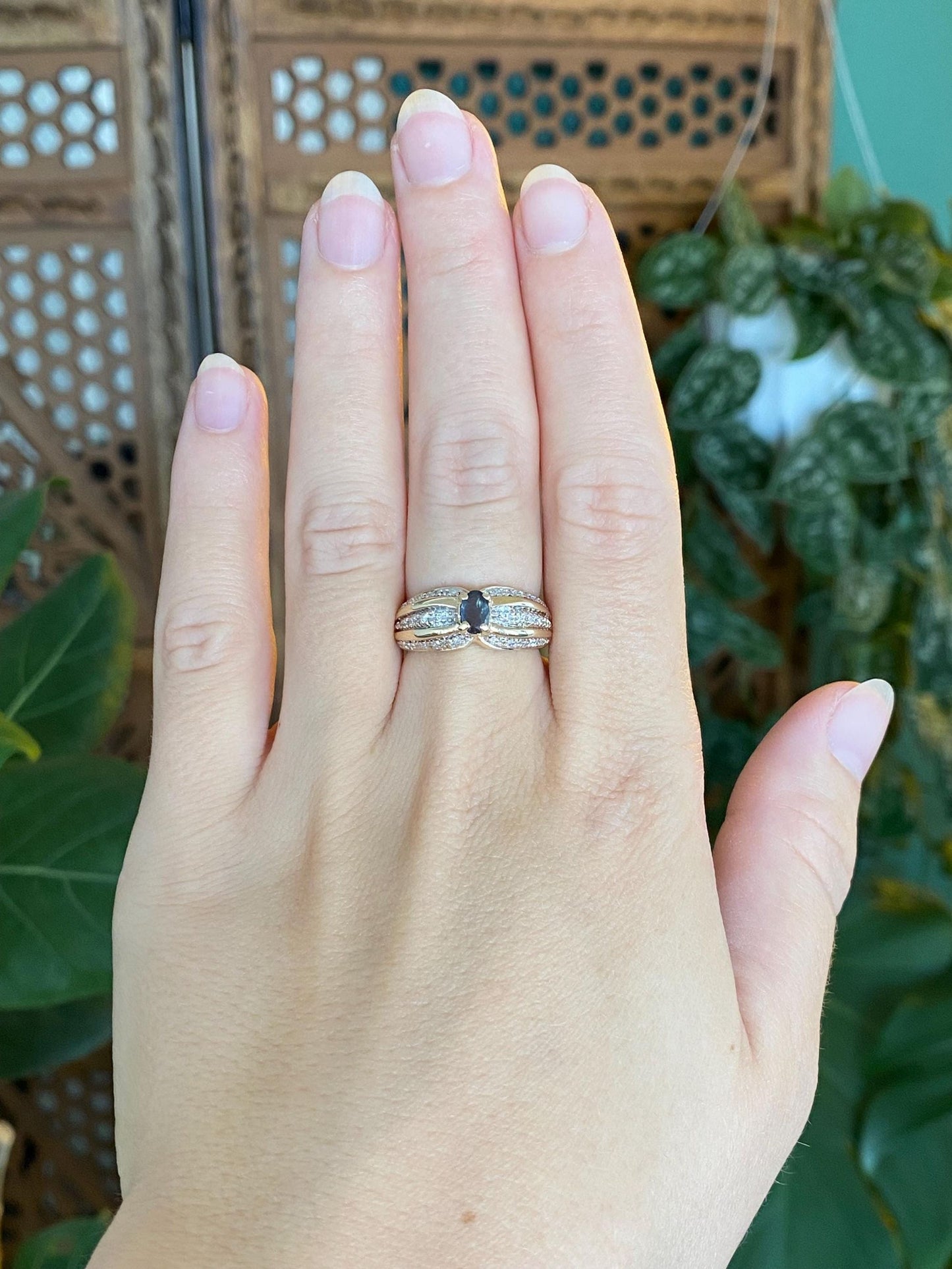 Vintage Solid 14k White & Yellow Gold Diamonds Topaz Ring - Size 6