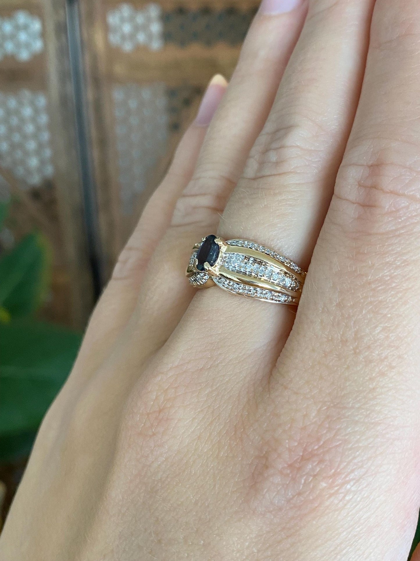 Vintage Solid 14k White & Yellow Gold Diamonds Topaz Ring - Size 6