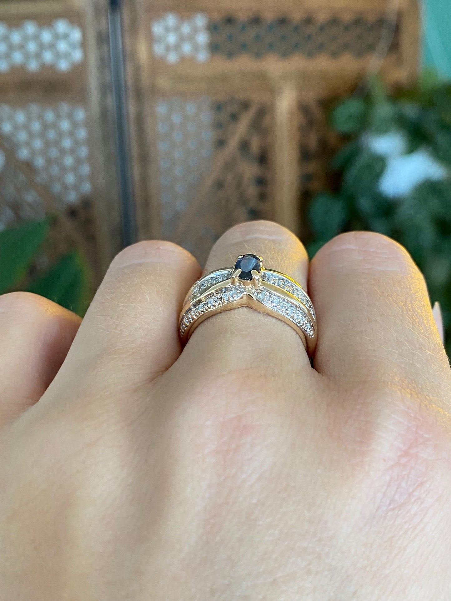 Vintage Solid 14k White & Yellow Gold Diamonds Topaz Ring - Size 6