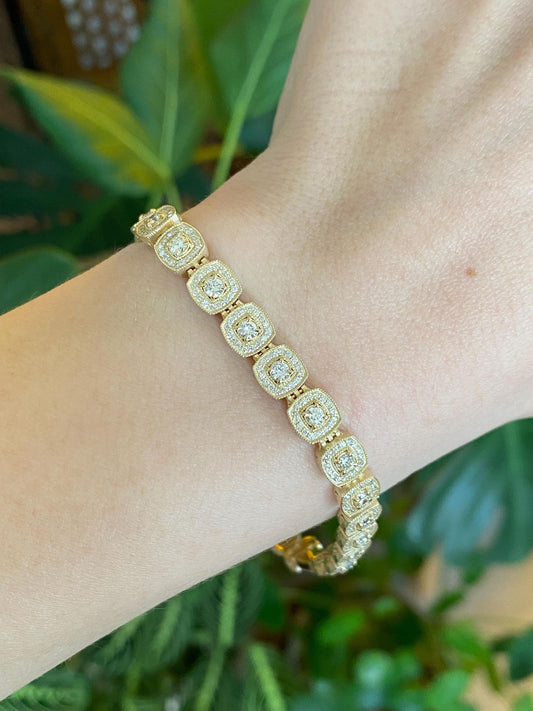 Vintage Solid 14k Yellow Gold Diamond Halo Diamond Link Bracelet - 7.75 Inches