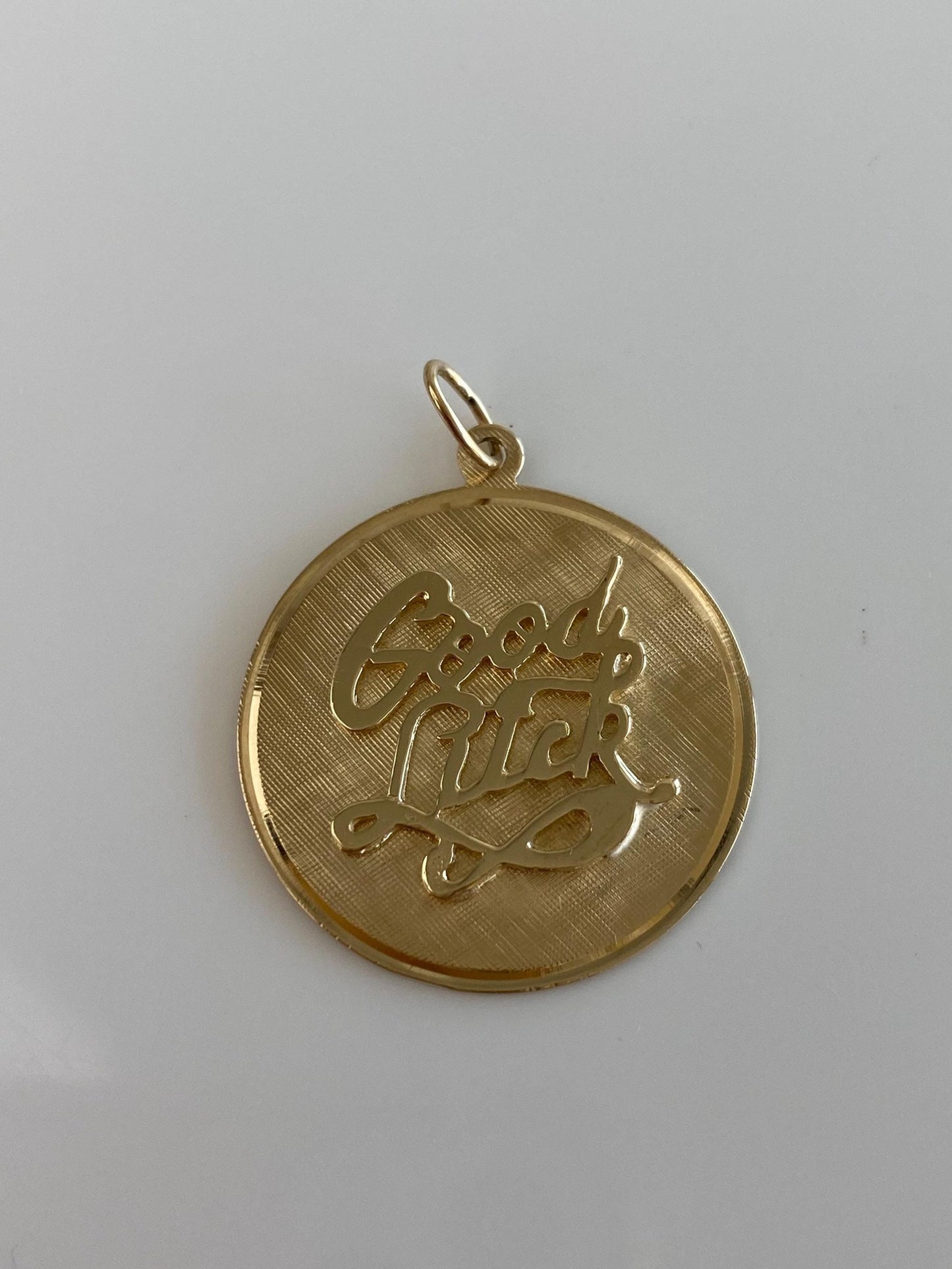 Vintage Solid 14k Yellow Gold Crosshatch Pattern 'Good Luck' Charm