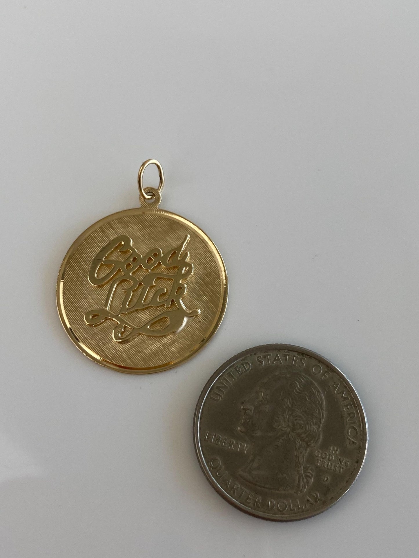 Vintage Solid 14k Yellow Gold Crosshatch Pattern 'Good Luck' Charm