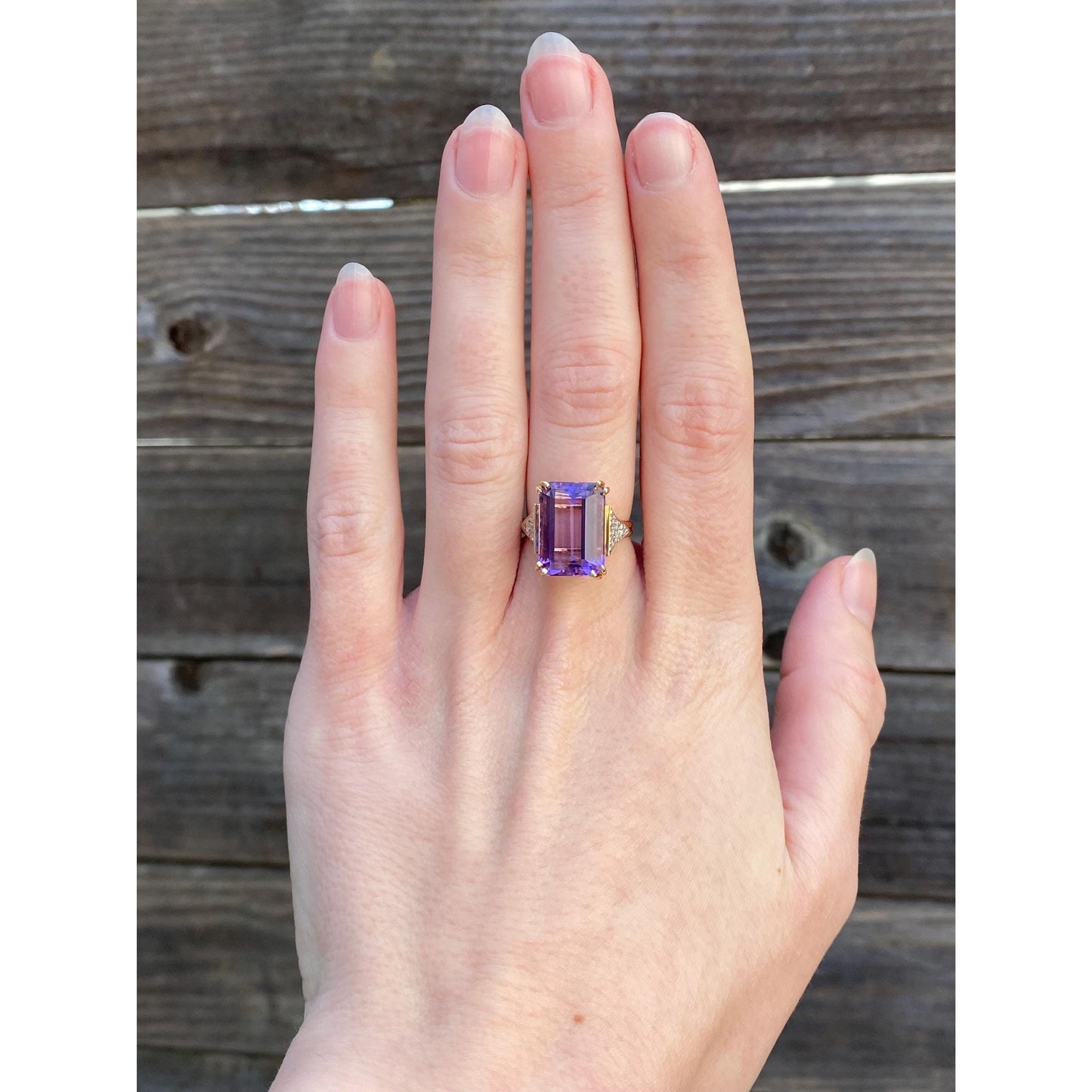 Vintage Solid 14k Yellow Gold Amethyst Diamond Ring - Size 5.5