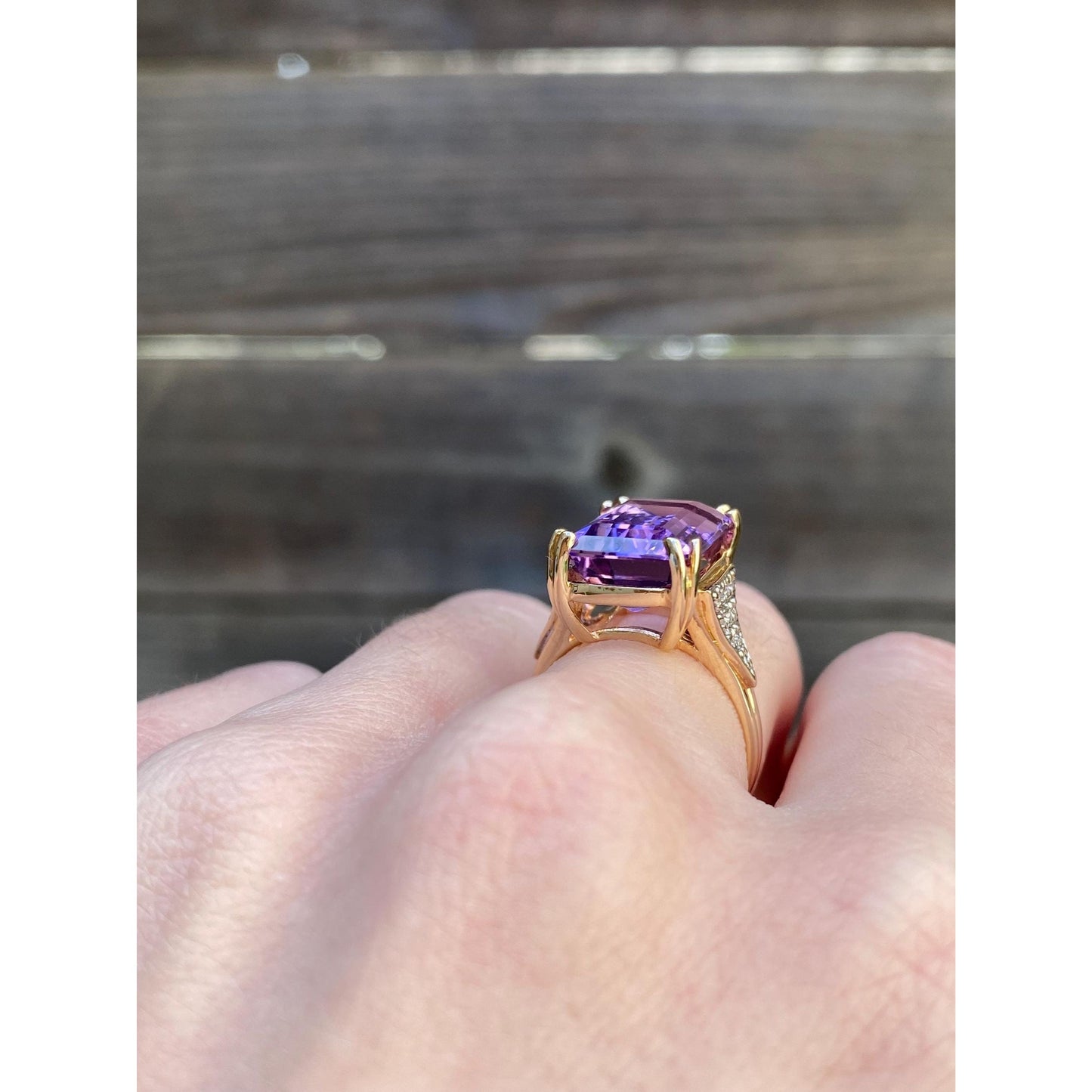 Vintage Solid 14k Yellow Gold Amethyst Diamond Ring - Size 5.5