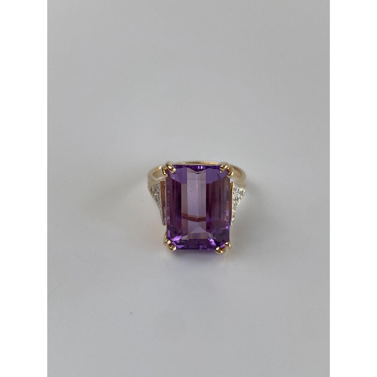 Vintage Solid 14k Yellow Gold Amethyst Diamond Ring - Size 5.5