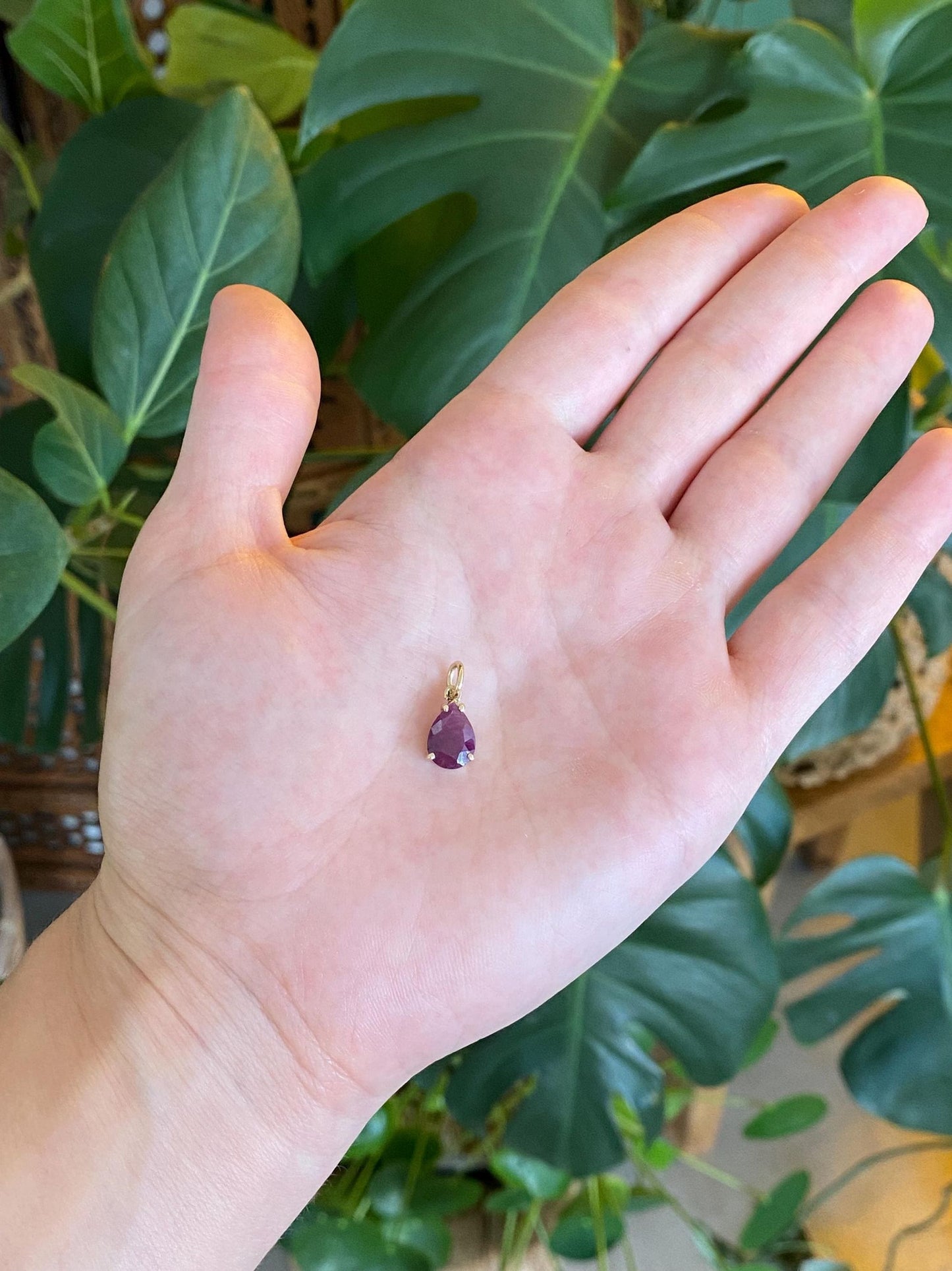 Vintage Solid 14k Yellow Gold Rose Cut Ruby Teardrop Charm