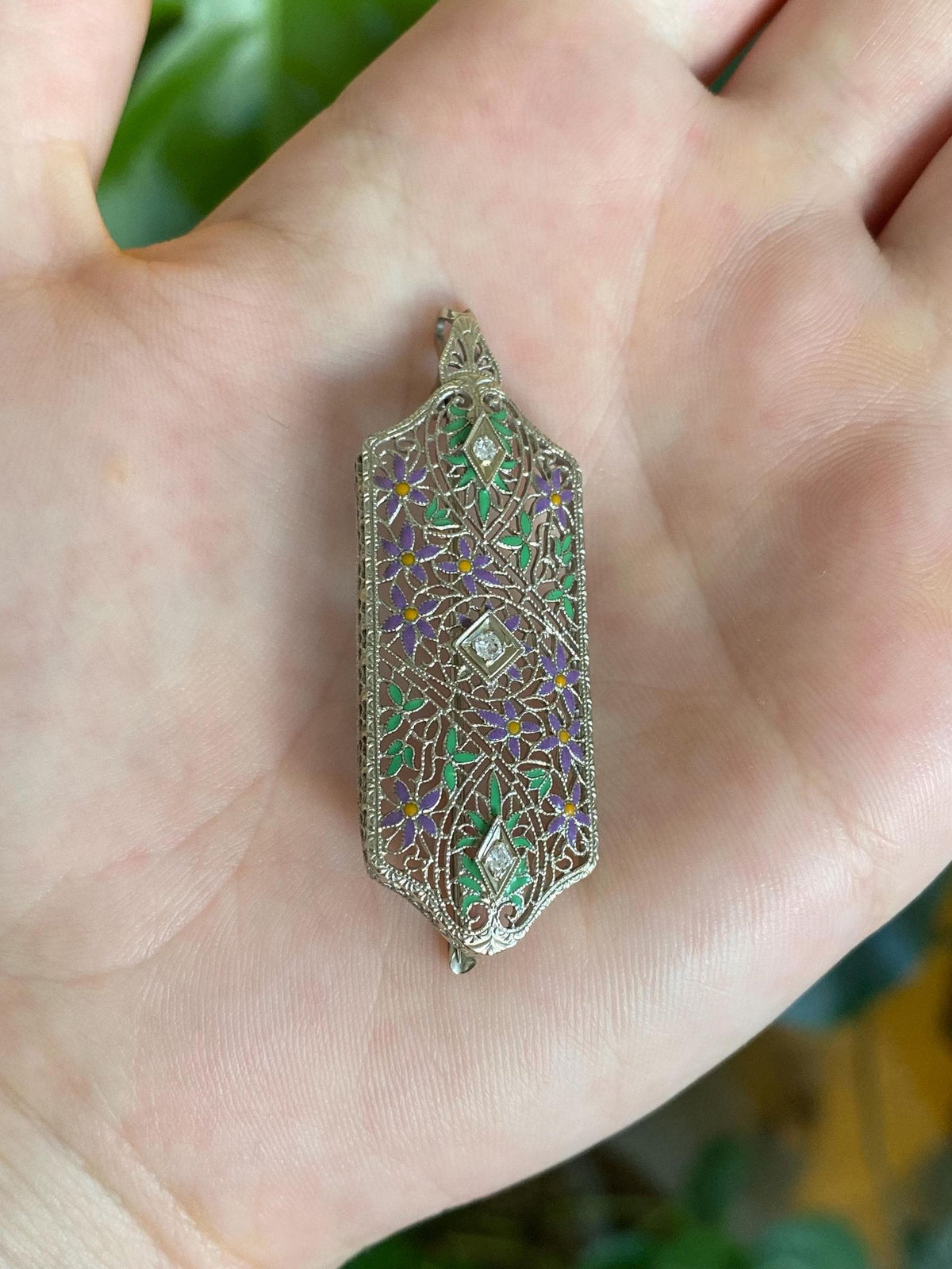 Vintage Solid 14k White Gold Diamonds Enamel Flowers Art Deco Brooch Pin Charm