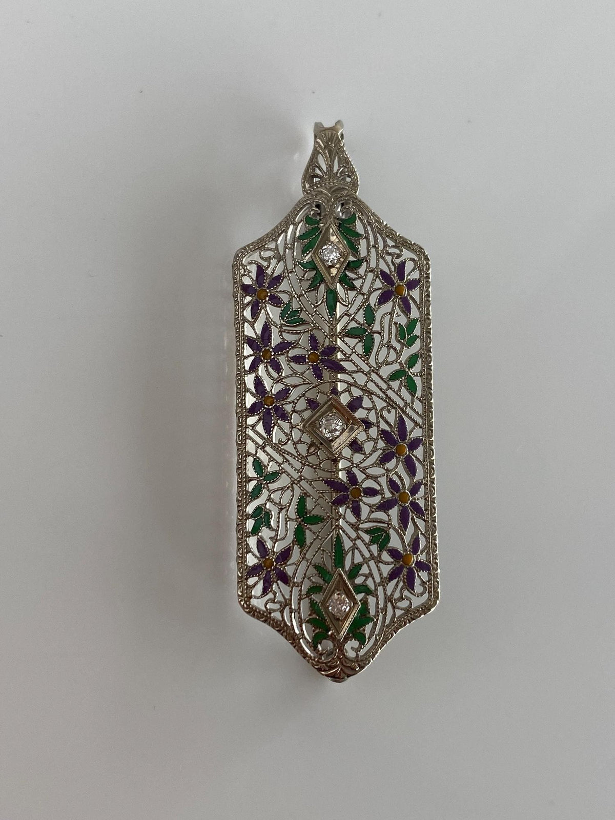 Vintage Solid 14k White Gold Diamonds Enamel Flowers Art Deco Brooch Pin Charm
