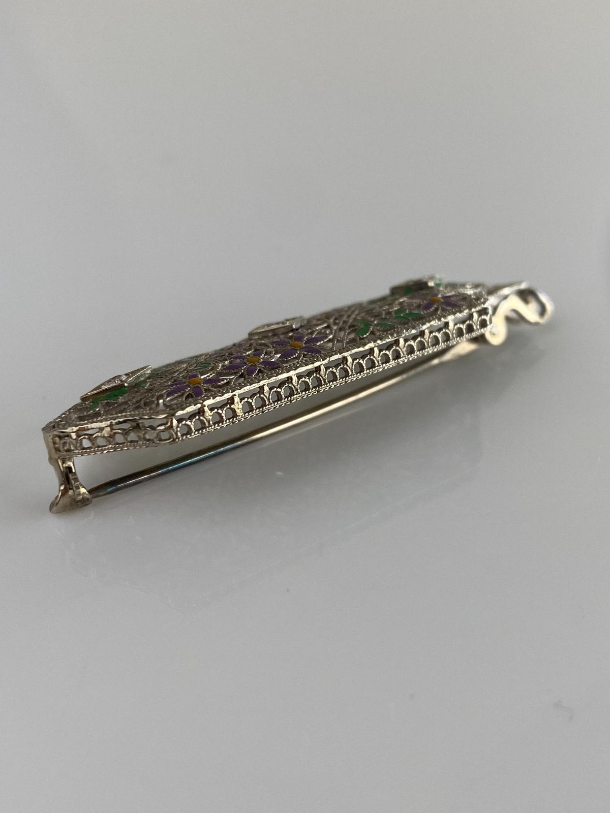 Vintage Solid 14k White Gold Diamonds Enamel Flowers Art Deco Brooch Pin Charm