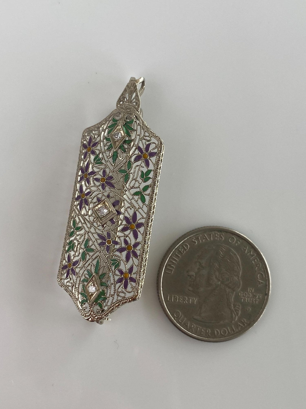 Vintage Solid 14k White Gold Diamonds Enamel Flowers Art Deco Brooch Pin Charm