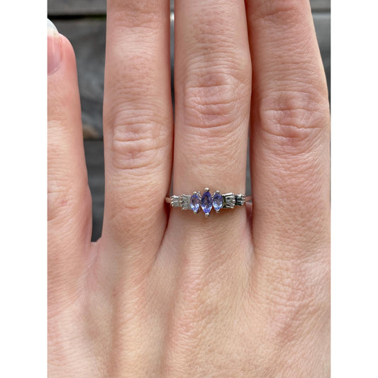 Vintage Solid 10k White Gold Lavender & Clear Cubic Zirconia Ring - Size 7