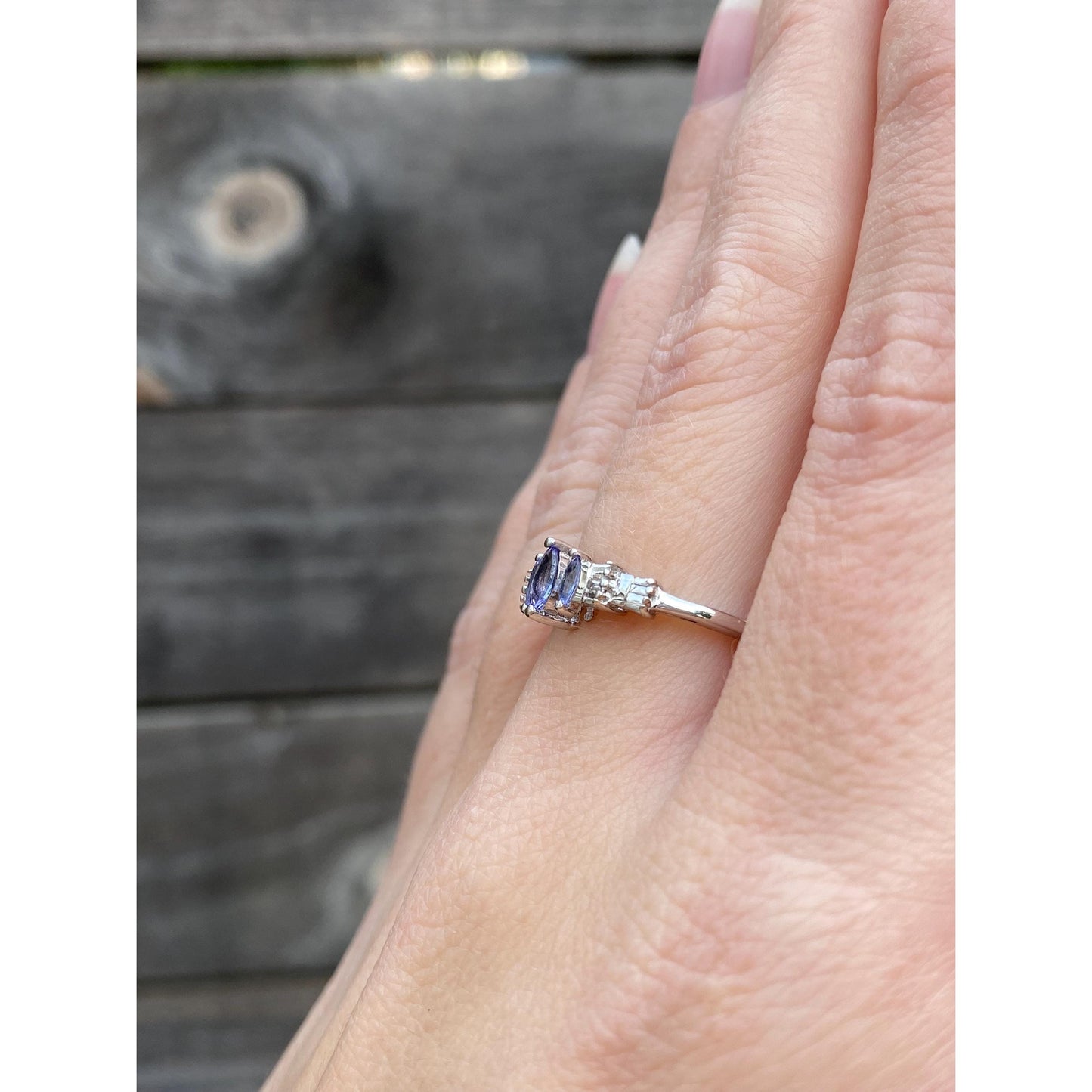 Vintage Solid 10k White Gold Lavender & Clear Cubic Zirconia Ring - Size 7