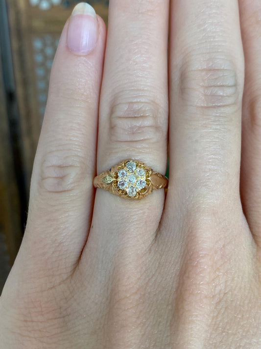 Vintage Solid 14k Yellow Gold Old Mine Cut Diamond Cluster Designed Ring - Size 5.5
