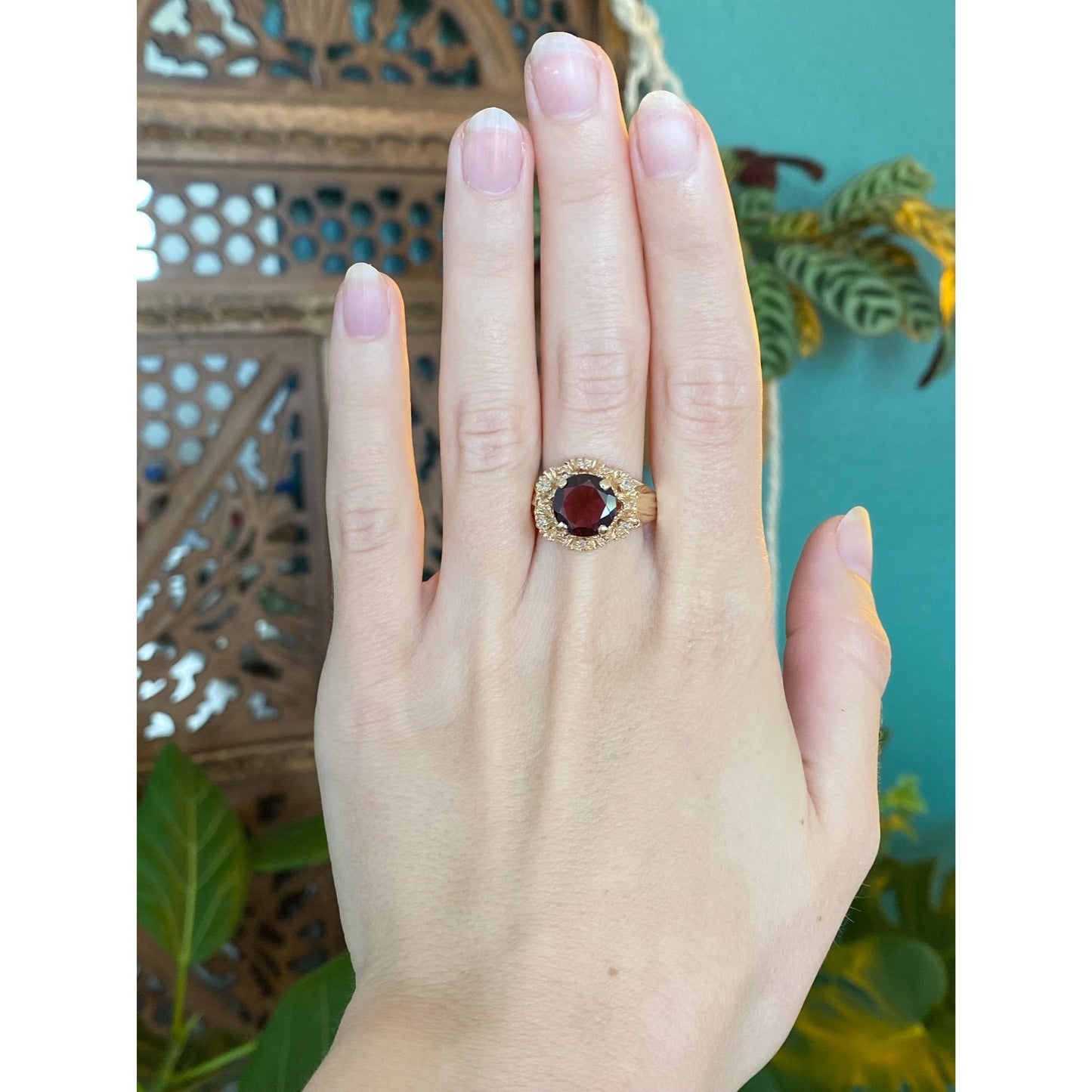 Vintage Solid 14k Yellow Gold Pink Tourmaline Diamond Ring - Size 9.5