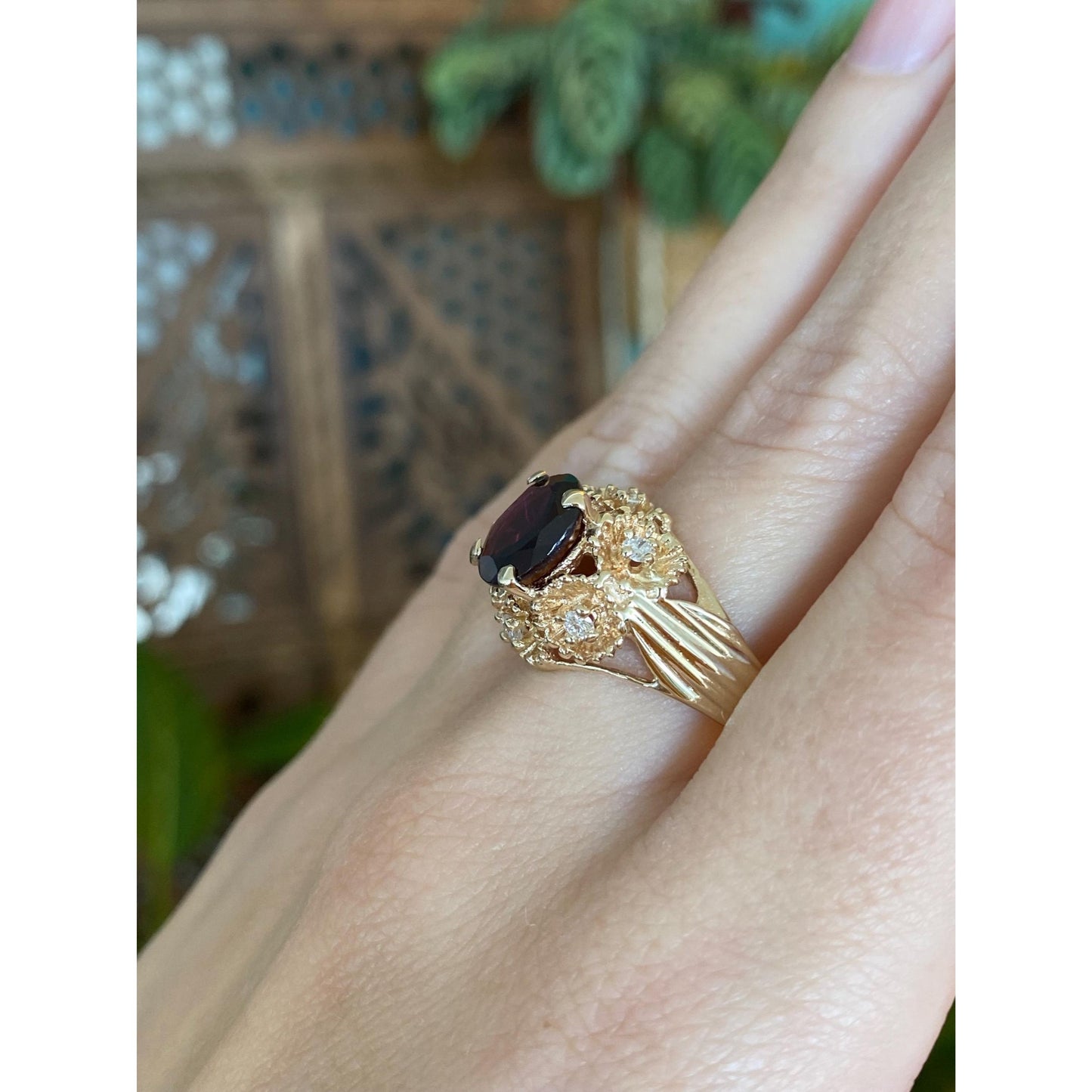 Vintage Solid 14k Yellow Gold Pink Tourmaline Diamond Ring - Size 9.5