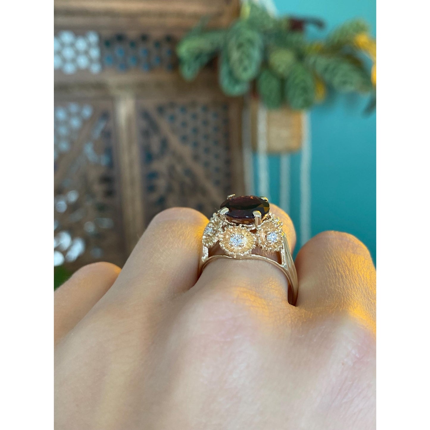 Vintage Solid 14k Yellow Gold Pink Tourmaline Diamond Ring - Size 9.5